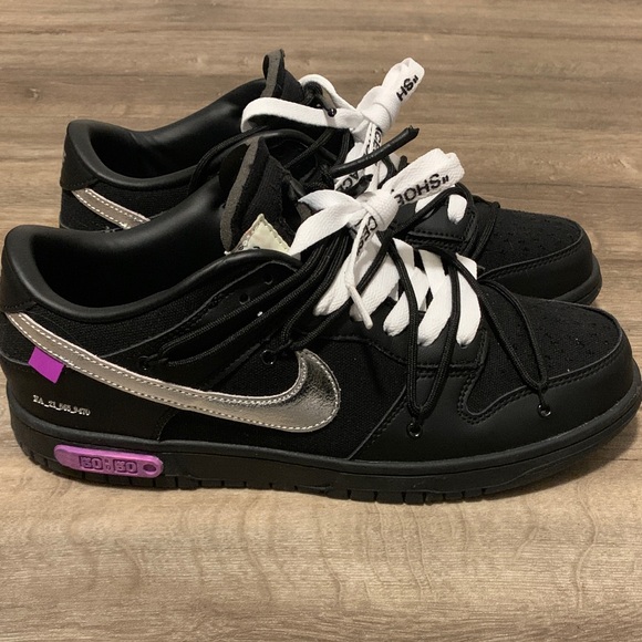 Nike Off-White Dunks Black and Silver Sneakers with Purple Accents - Picture 2 of 8
